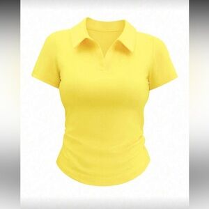 ✨LAST CHANCE✨ SHEIN Women's Yellow Polo Short Sleeve Pleated T-Shirt
